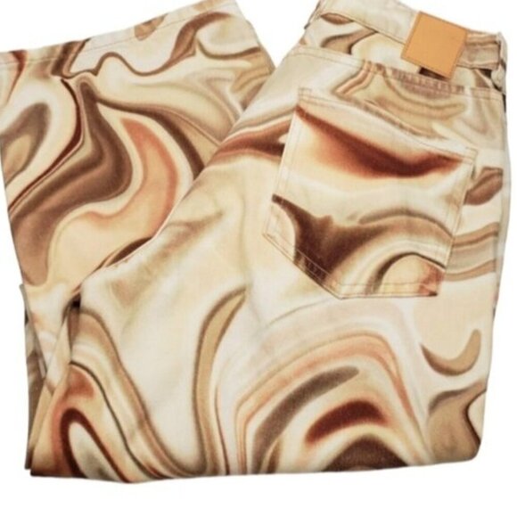 New Zara Mid Rise Straight Psychedelic Pattern Brown Tan Button Fly Denim Sz 4 - Picture 1 of 15